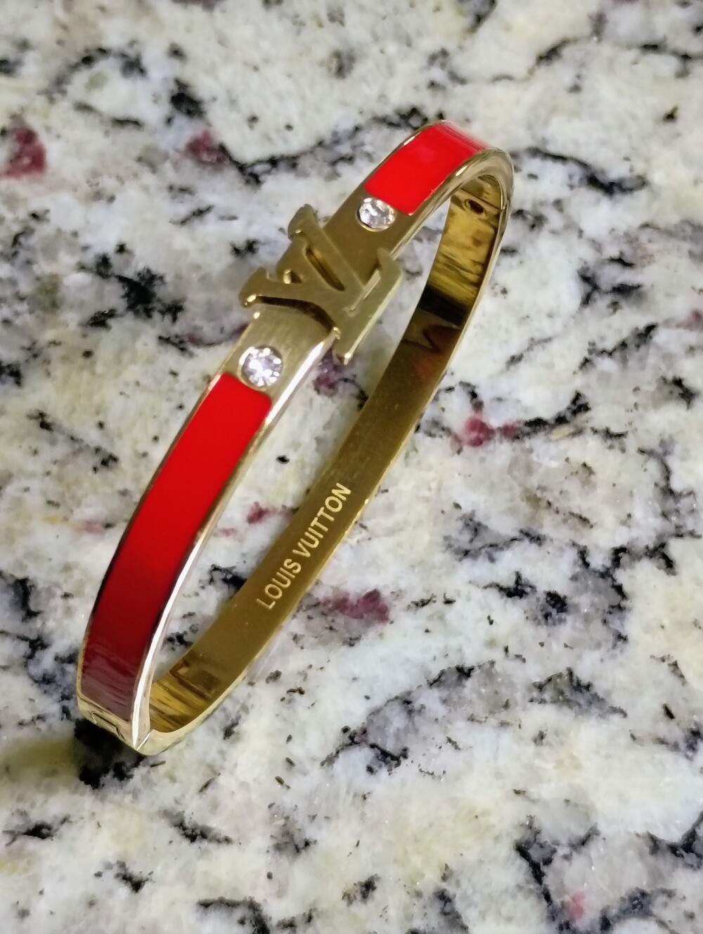New Red Enamel Gold-Tone Logo Bracelet with Gem Accents